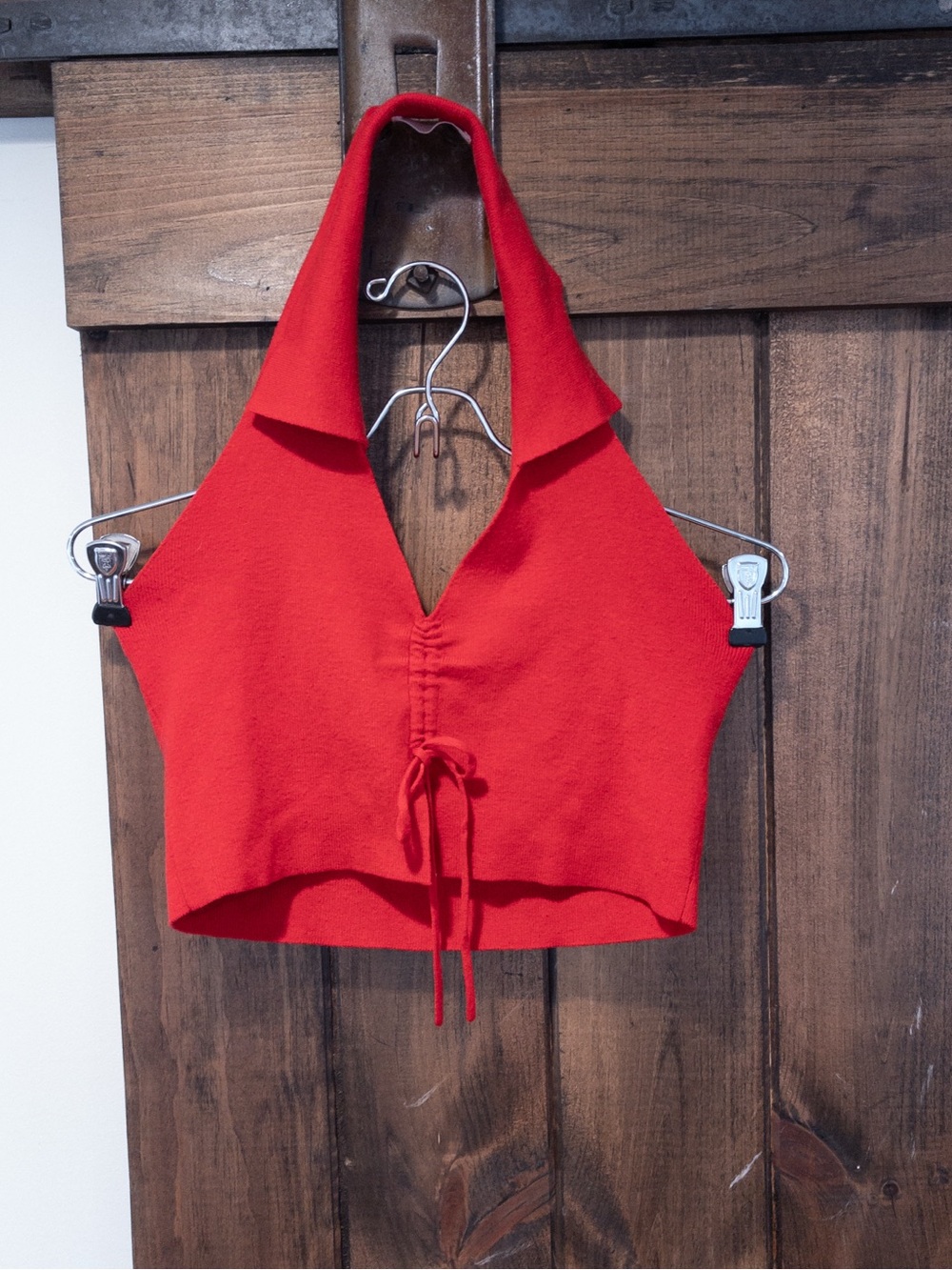 Active USA Red Rib Knit Collared Halter Tie Front Ruched Crop Top Medium